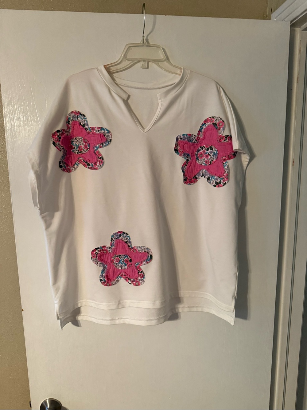 White Tee with Pink Floral Star Appliqués